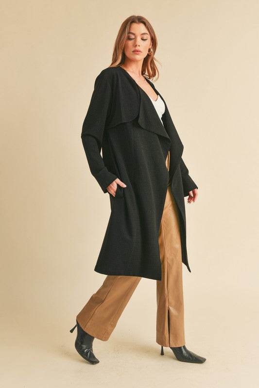 Aemi + Co Open Front Long Sleeve Longline Coat in Black - us.meeeshop