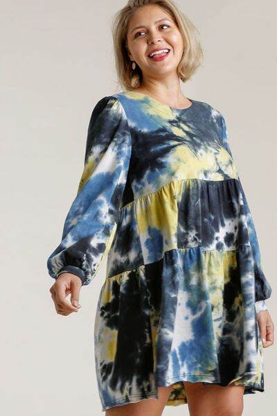 Umgee Tie Dye Round Neck Long Sleeve Babydoll Tiered Dress Plus Size - us.meeeshop