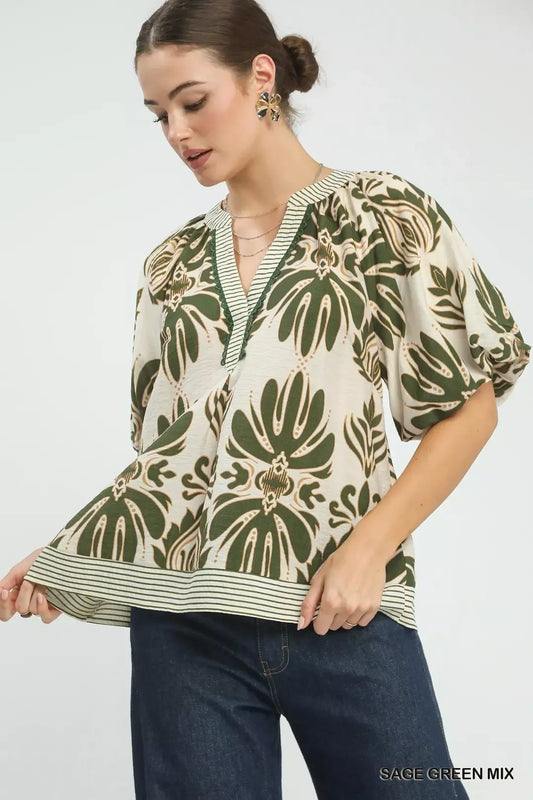 Umgee Mix Printed Puff Sleeve Top with Contrast Trim (women's shirts & tops) - shop at us.meeeshop