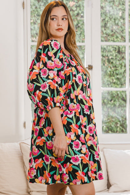 ODDI Full Size Floral Puff Sleeve Mini Dress | us.meeeshop