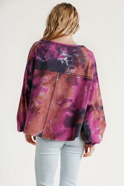 Umgee Tie Dye Round Neck Long Balloon Sleeve Top Plus Size - us.meeeshop