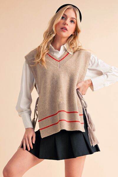 Aemi + Co Ribbed V-Neck Sweater Vest with Tassel - us.meeeshop