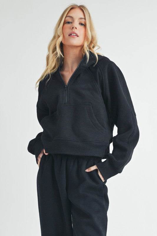 Aemi + Co Half Zip Raglan Sleeve Hoodie with Kangaroo Pocket in Black - us.meeeshop