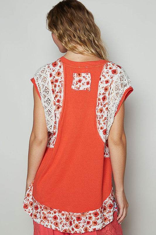 POL Floral Frayed Hem Crochet Cap Sleeve Top - us.meeeshop