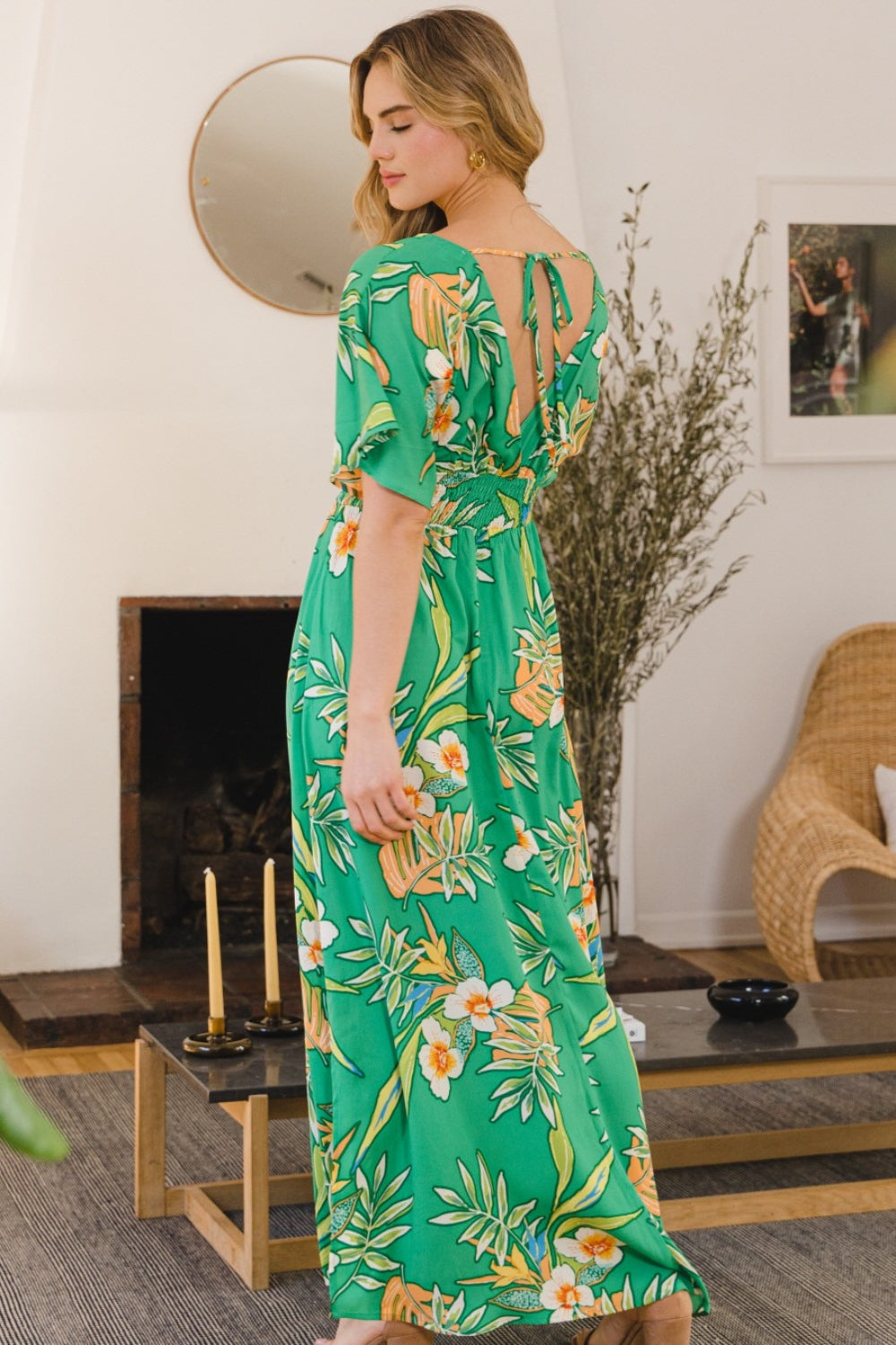ODDI Full Size Floral Smocked Tied Back Maxi Dress | us.meeeshop