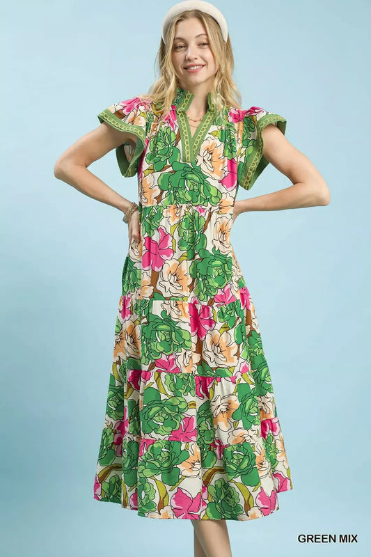 umgee mix bold Umgee Mix Bold Floral Tiered Midi Dress GREEN MIX (dress) - shop at us.meeeshop