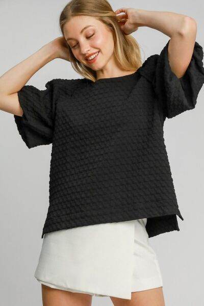 Umgee | Boxy Cut Jacquard Round Neck Top with Side Slit Plus Size - us.meeeshop