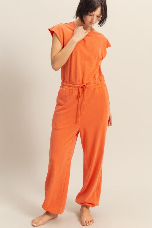 HYFVE Back Keyhole Round Neck Cap Sleeve Drawstring Jumpsuit in Orange - us.meeeshop