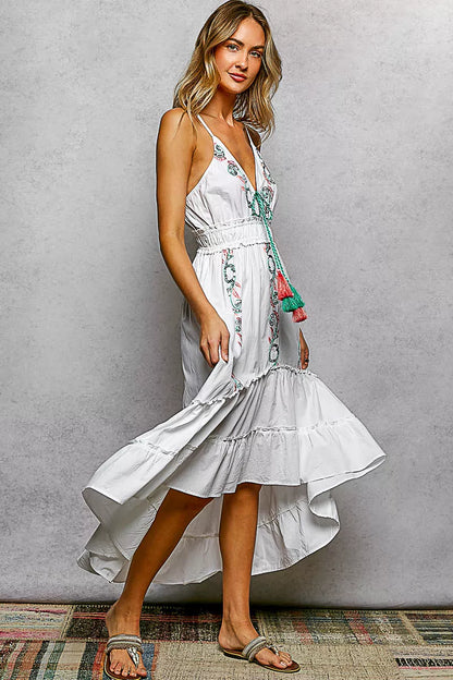 pol embroidered detail Pol Embroidered Detail Tassel Tie Smocked Waist Midi Tiered Cami Dress view 4 (dress) - shop at us.mee