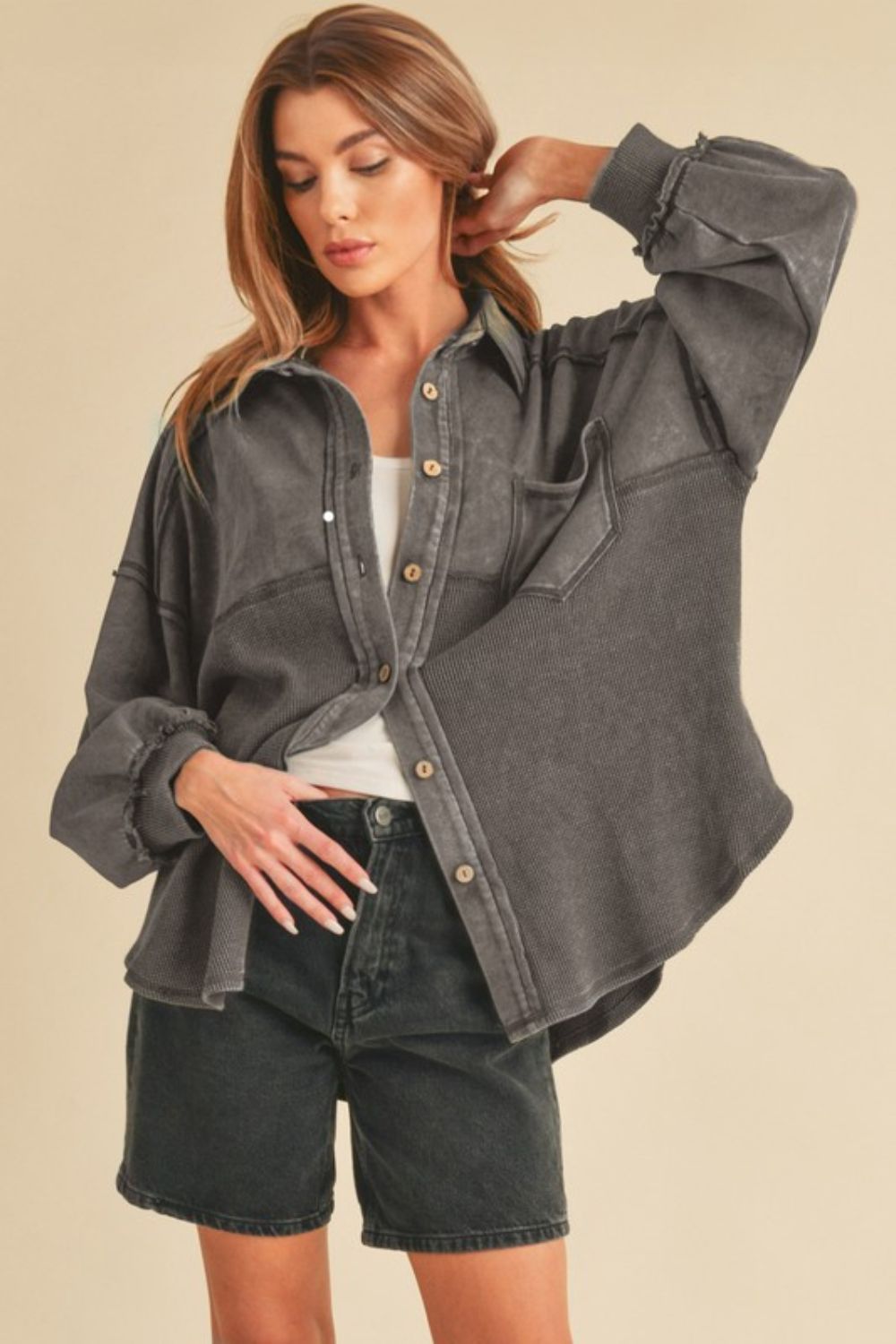 Aemi + Co Acid Washed Exposed Seam Button Up Jacket in Charcoal - us.meeeshop