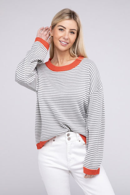 Contrast Trimmed Striped Pullover Knit | us.meeeshop