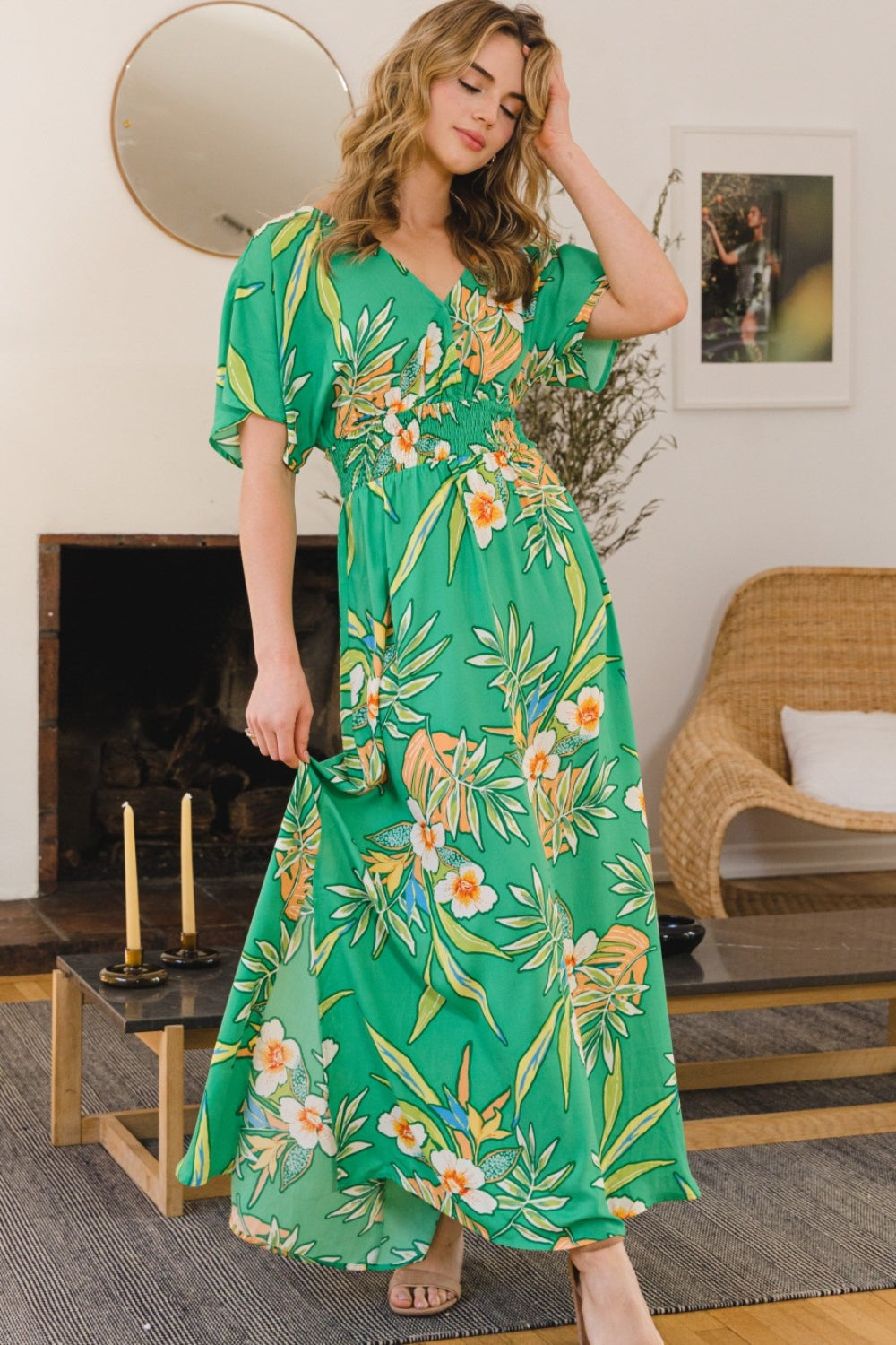 ODDI Full Size Floral Smocked Tied Back Maxi Dress | us.meeeshop