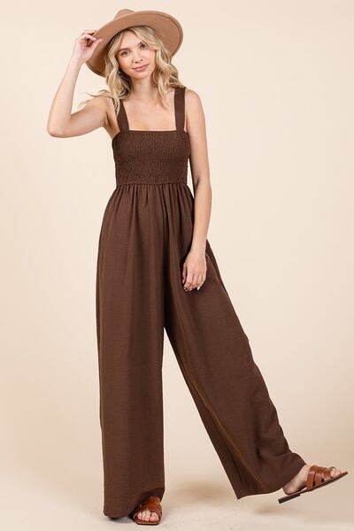 Mittoshop Smocked Wide Strap Wide Leg Overalls - us.meeeshop