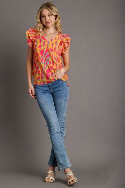 Umgee Abstract Print V-Neck Double Layer Ruffle Sleeve Blouse Plus Size - us.meeeshop