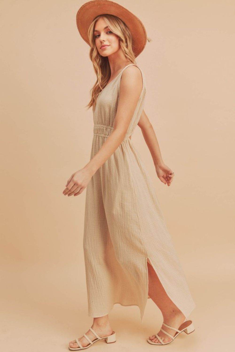 Aemi + Co Side Slit Round Neck Sleeveless Tank Dress in Oatmeal - us.meeeshop