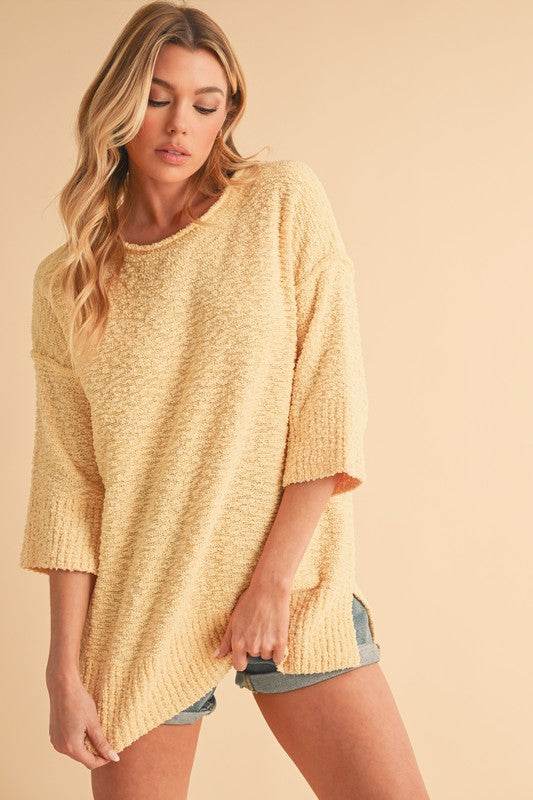 Aemi + Co Side Slit Ribbed Hem Round Neck Sweater - us.meeeshop