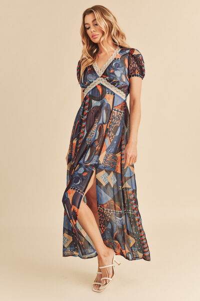 Aemi + Co Lace Detail Slit Geometric Print Short Sleeve Maxi Dress - us.meeeshop