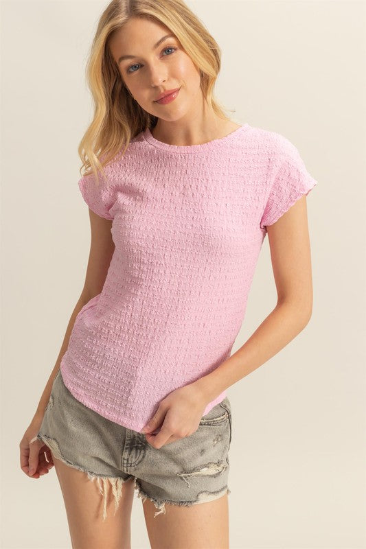 HYFVE Textured Round Neck Cap Sleeve Knit Top - us.meeeshop