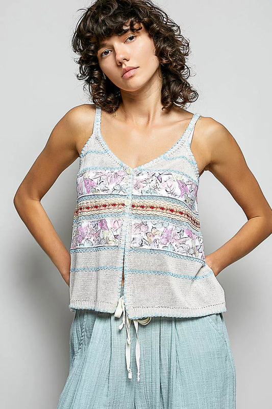 pol printed contrast Pol Printed Contrast Button Down Cami with Trim Detail and Blanket Stitch CREAM/BLUE (top) - shop at us.