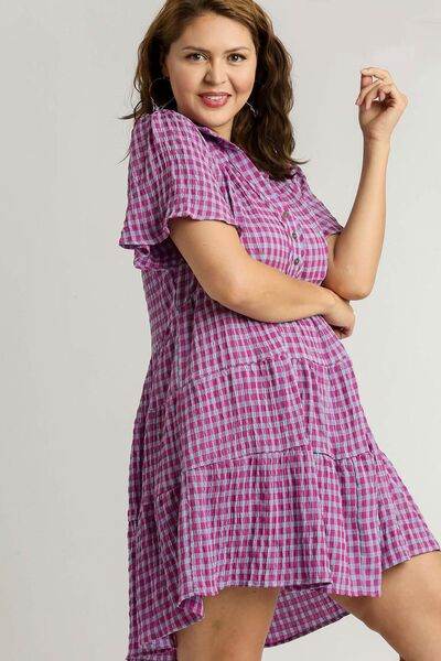 Umgee Gingham Tiered Button Detail Short Sleeve Dress Plus Size - us.meeeshop