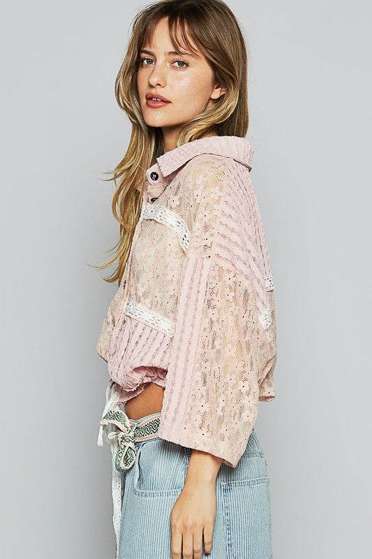 POL Lace Drawstring Hem Button Up 3/4 Sleeve Shacket - us.meeeshop