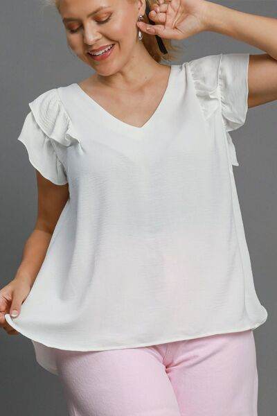 Umgee V-Neck Double Layered Ruffle Sleeve Blouse Plus Size - us.meeeshop