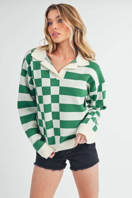 Aemi + Co Striped & Checkered Drop Shoulder Sweater - us.meeeshop