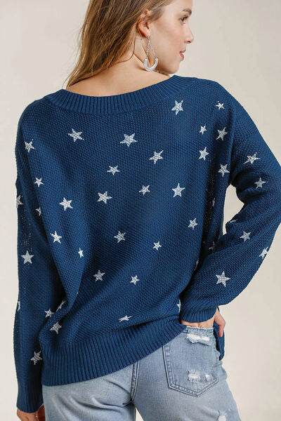 Umgee Star V-Neck Long Sleeve Sweater Plus Size - us.meeeshop