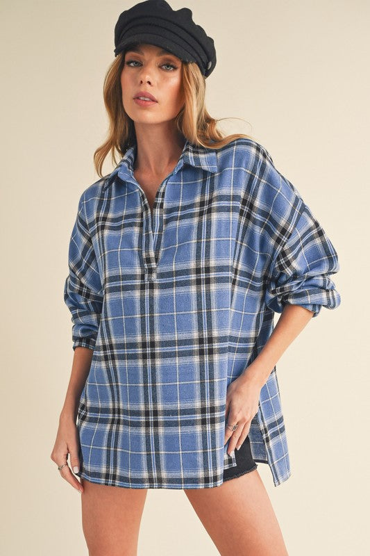 Aemi + Co Side Slit High-Low Plaid Long Sleeve Polo Shirt in Skies - us.meeeshop