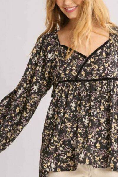 Umgee | Floral Print Velvet Trimmed Balloon Sleeve Top Plus Size - us.meeeshop