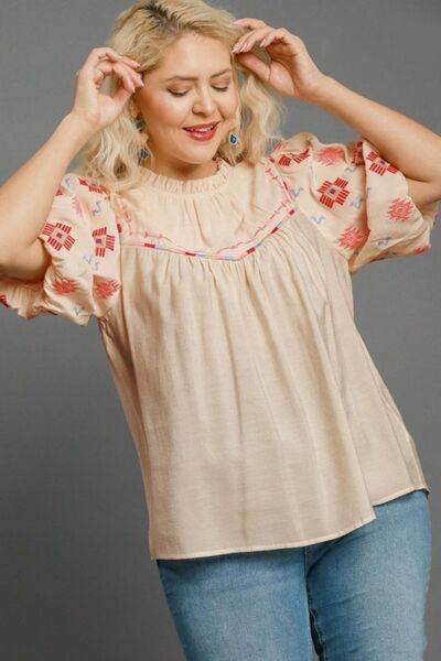 Umgee Embroidered Puff Sleeve Mock Neck Top Plus Size - us.meeeshop