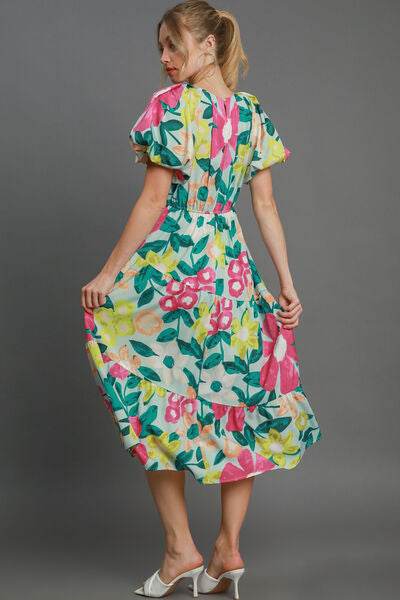 Umgee Tiered Floral Print Notched Puff Sleeve Midi Dress Plus Size - us.meeeshop