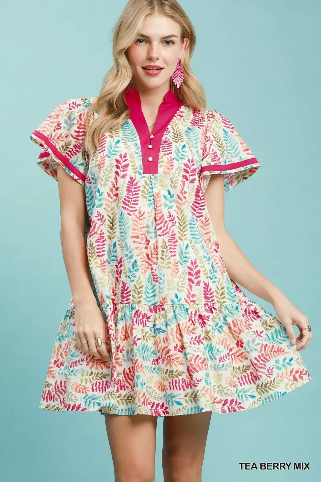 umgee leaf print Umgee Leaf Print Flutter Sleeve Tiered Mini Dress TEA BERRY MIX (dress) - shop at us.meeeshop