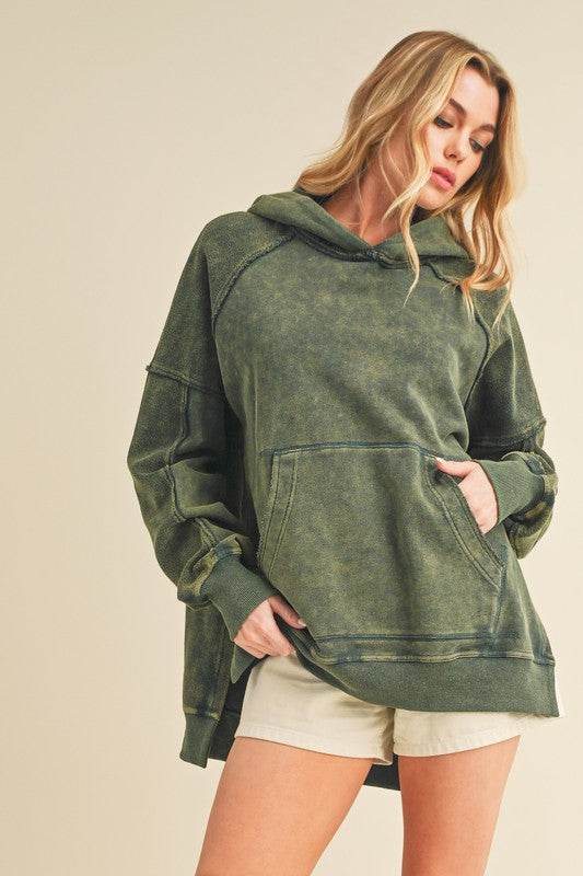 Aemi + Co Exposed Seam Side Slit Hoodie with Kangaroo Pocket in Army Green - us.meeeshop