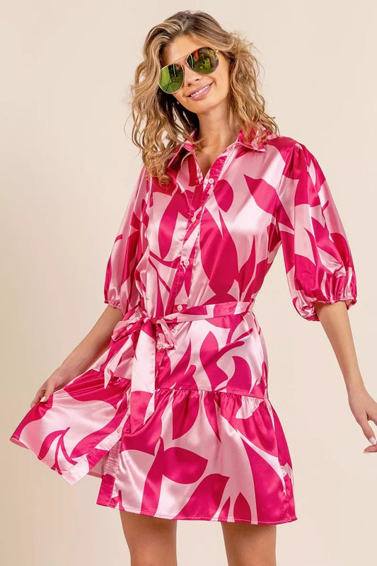 bibi leaf pattern Bibi Leaf Pattern Collared Satin Dress view 2 (dress) - shop at us.meeeshop