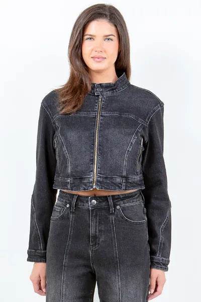 American Bazi Zip Up Cropped Denim Rider Jacket - us.meeeshop