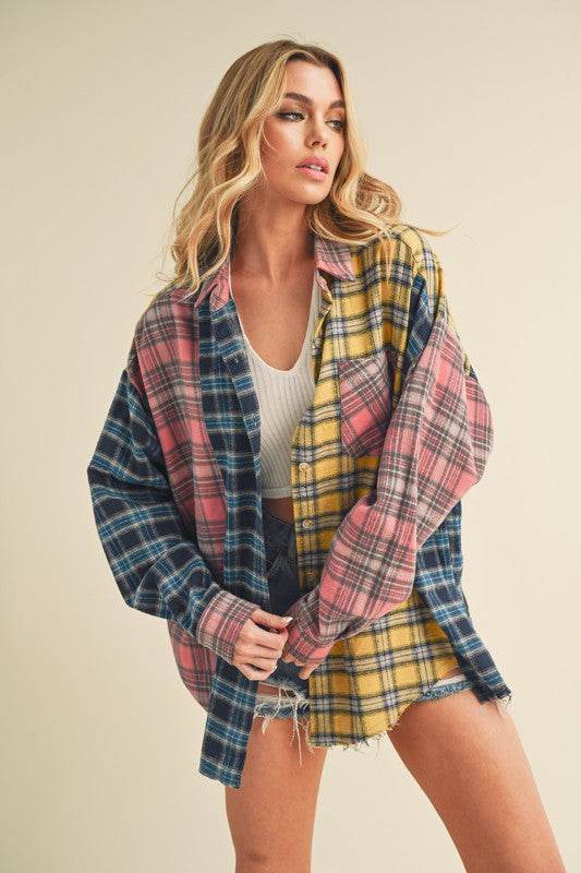 Aemi + Co Frayed Hem Color Block Plaid Drop Shoulder Shirt - us.meeeshop