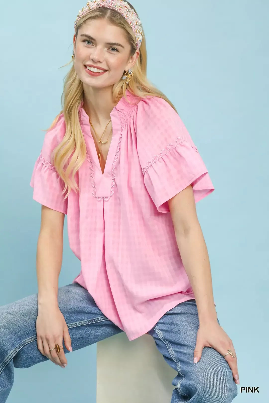 umgee gingham puff Umgee Gingham Puff Sleeve Top with Lace Trim view 4 (top) - shop at us.meeeshop