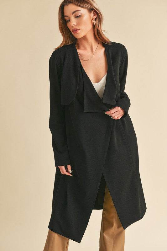 Aemi + Co Open Front Long Sleeve Longline Coat in Black - us.meeeshop