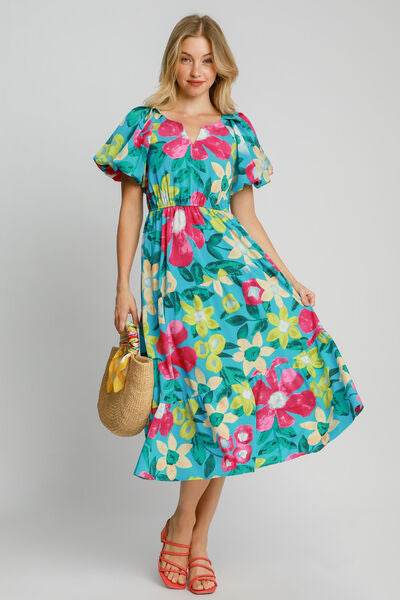 Umgee Tiered Floral Print Notched Puff Sleeve Midi Dress Plus Size - us.meeeshop