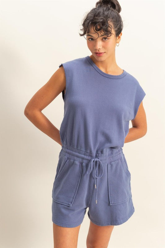 HYFVE Round Neck Cap Sleeve Drawstring Waist Romper in Dusty Blue - us.meeeshop