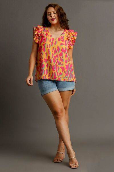 Umgee Abstract Print V-Neck Double Layer Ruffle Sleeve Blouse Plus Size - us.meeeshop