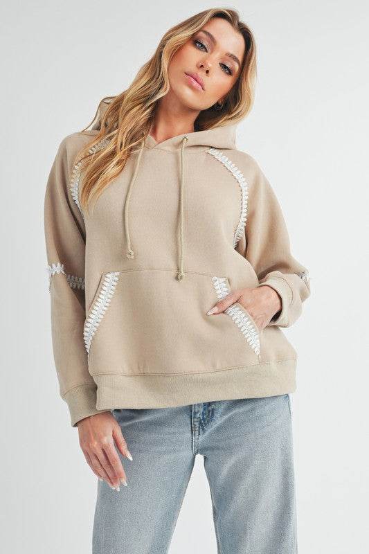 Aemi + Co Lace Detail Drawstring Hoodie with Kangaroo Pocket in Oatmeal - us.meeeshop