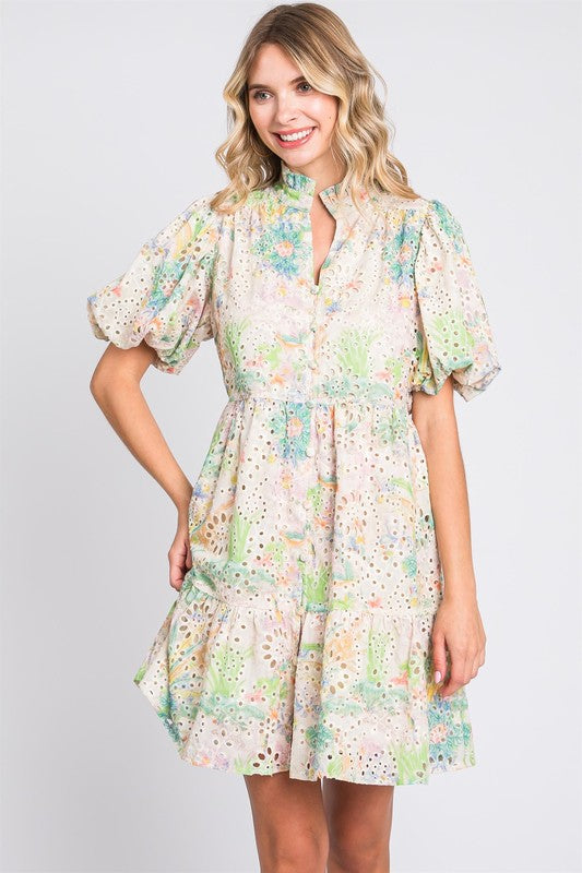 GeeGee Floral Eyelet Lace Puff Sleeve Mini Dress - us.meeeshop