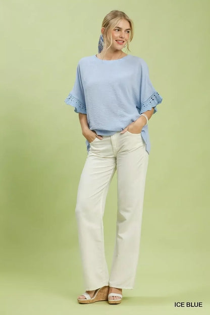 umgee crochet trim Umgee Crochet Trim Flutter Sleeve Top view 5 (top) - shop at us.meeeshop