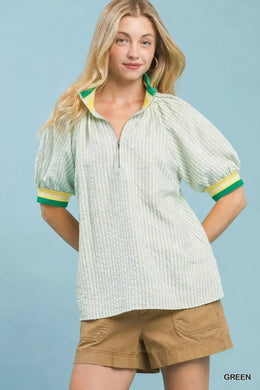 Umgee Botanical Print Puff Short Sleeve Blouse with Contrast Collar