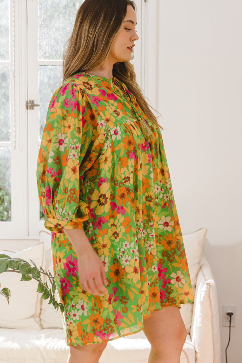 ODDI Full Size Floral Tied Neck Mini Dress | us.meeeshop
