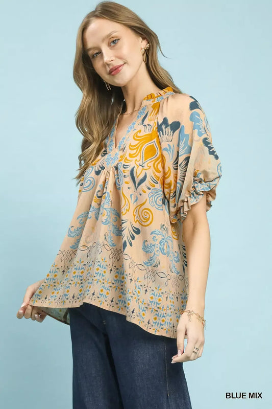 umgee border print Umgee Border Print Puff Sleeve V-neck Blouse view 2 (top) - shop at us.meeeshop