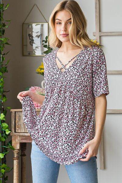 Heimish Full Size Short Sleeve Crisscross Animal Babydoll Top Plus Size - us.meeeshop