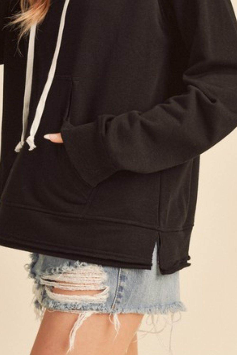 Aemi + Co Raw Hem Kangaroo Pocketed Drawstring Hoodie - us.meeeshop